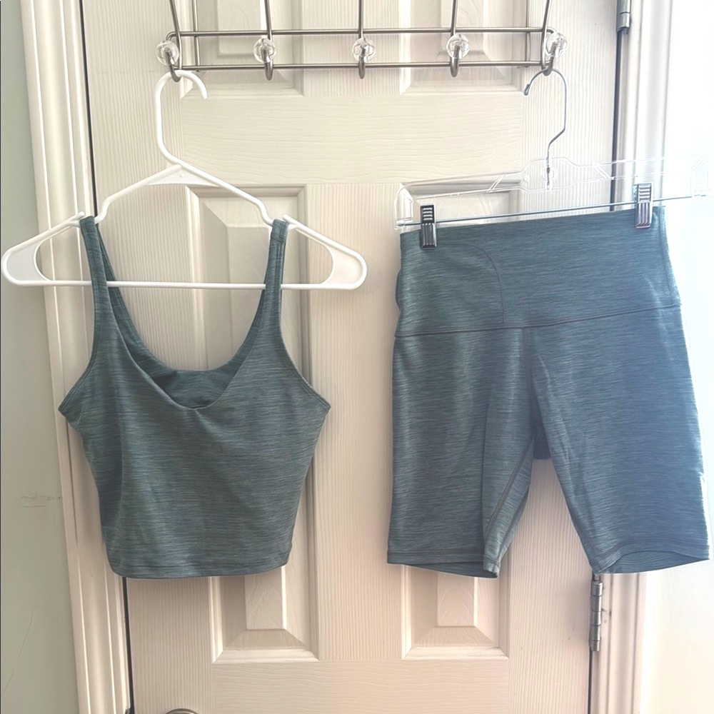 Lululemon Align Blue/Green Athletic Crop Top and Biker Shorts Set